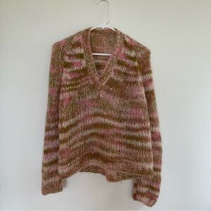 Pink green melange sweater Multicolor chunky sweater Handknit unique sweater